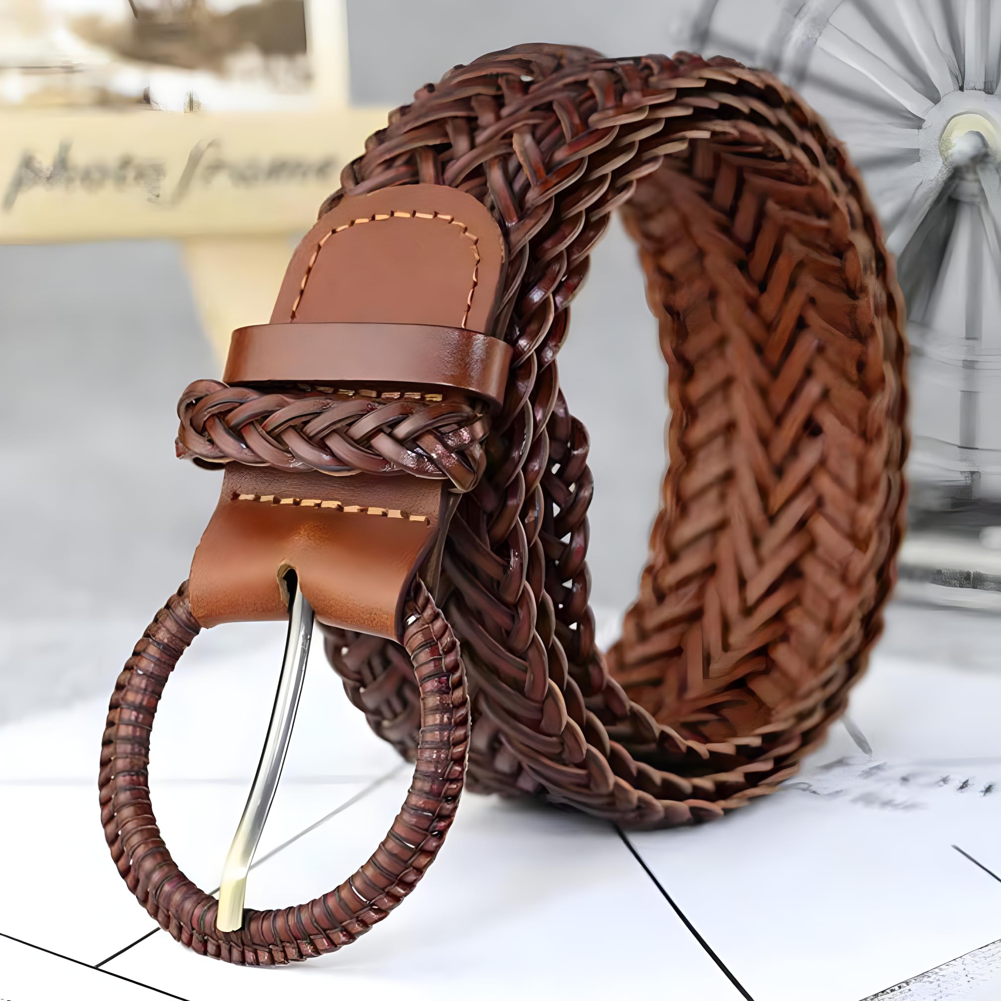 ANNULOYA Braided Belt for Women 1.6 inch Wide Woven Leather Waist Band for Pants and Dress with Buckle (Brown)