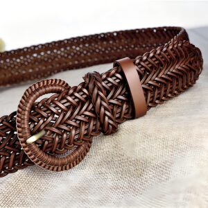 ANNULOYA Braided Belt for Women 1.6 inch Wide Woven Leather Waist Band for Pants and Dress with Buckle (Brown)