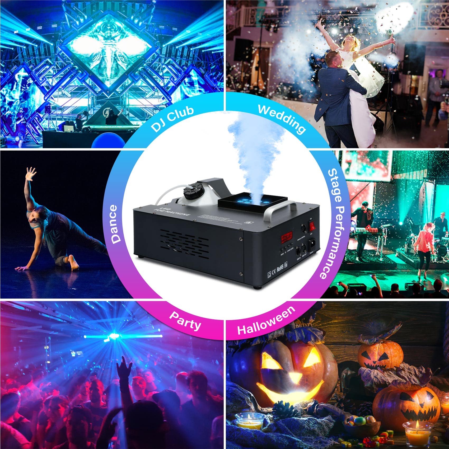 TCFUNDY 1500W Fog Machine for Halloween, DMX RGB 3 in 1 24 LED Smoke Machine Stage Lighting Vertical Spray with Remote Control