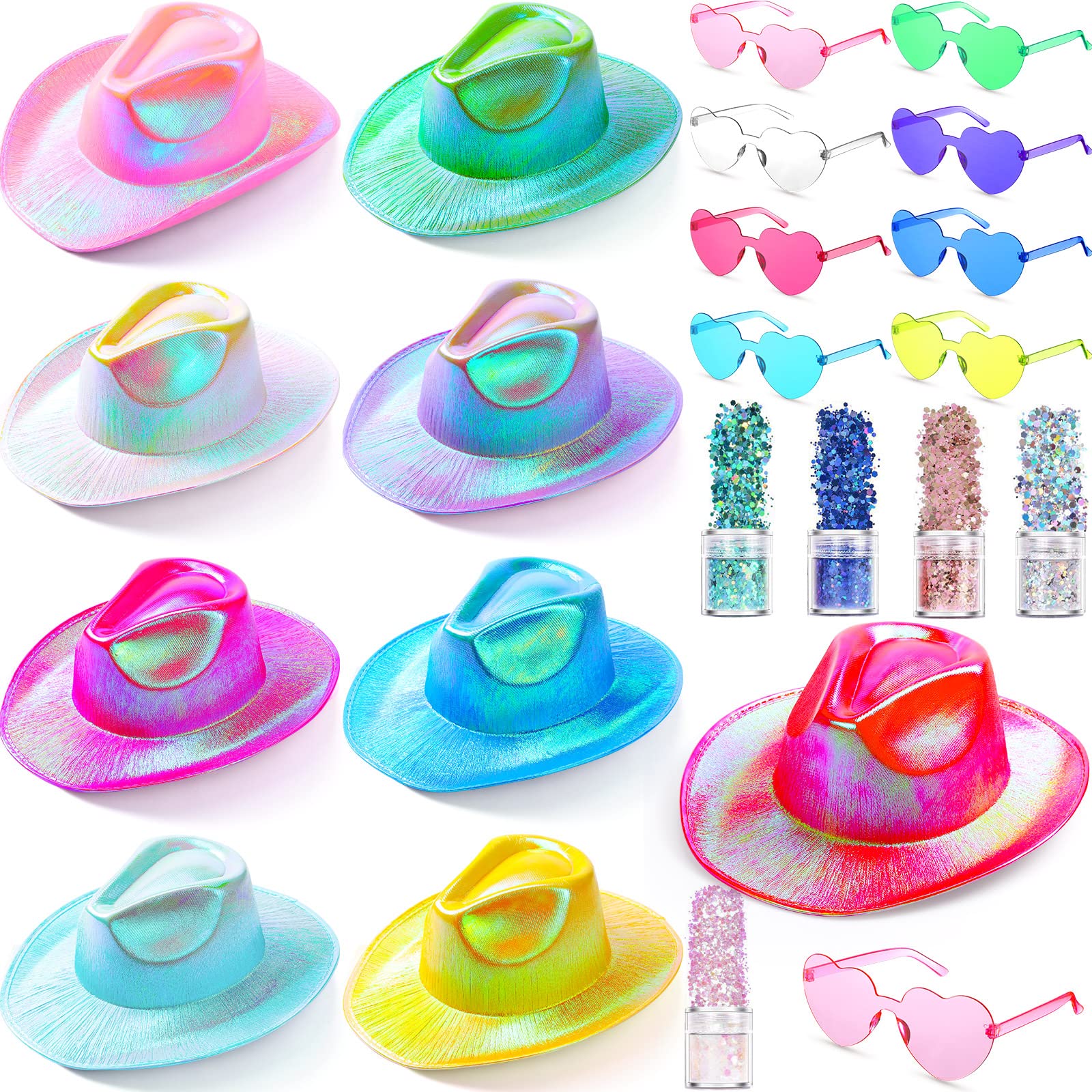 Coume 23 Pcs Cowboy Light up Hat Bulk Flashing Holographic Cowgirl Hats with Heart Sunglasses for Women Costume Accessories(Vivid Color, Novel Style)