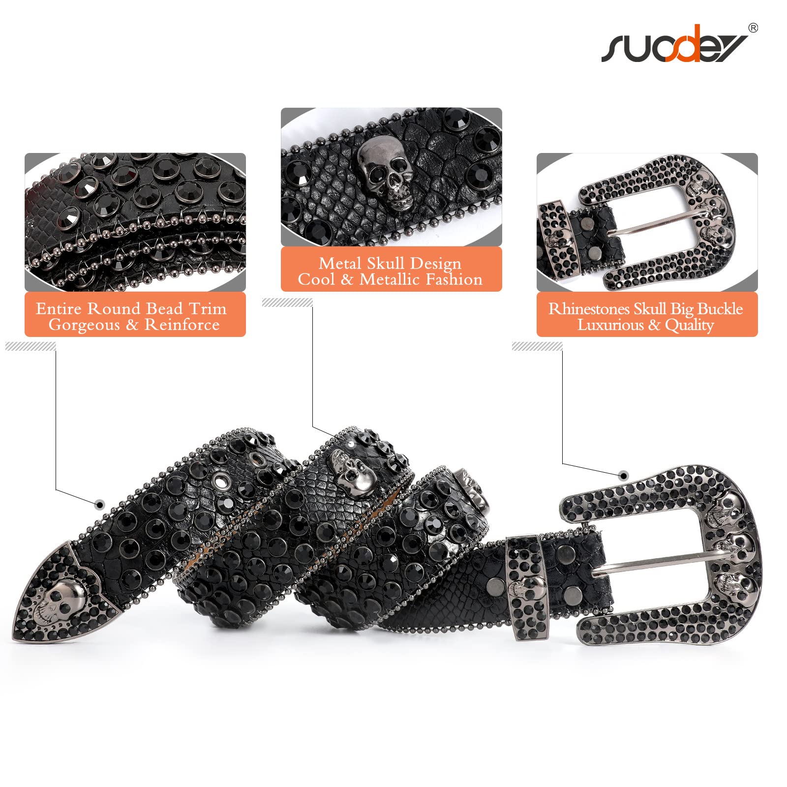 SUOSDEY Rhinestone Skull Belt Men Women Bling Stylish Belt Punk Fashion Studded Leather Belt for Jeans Pants Jacket