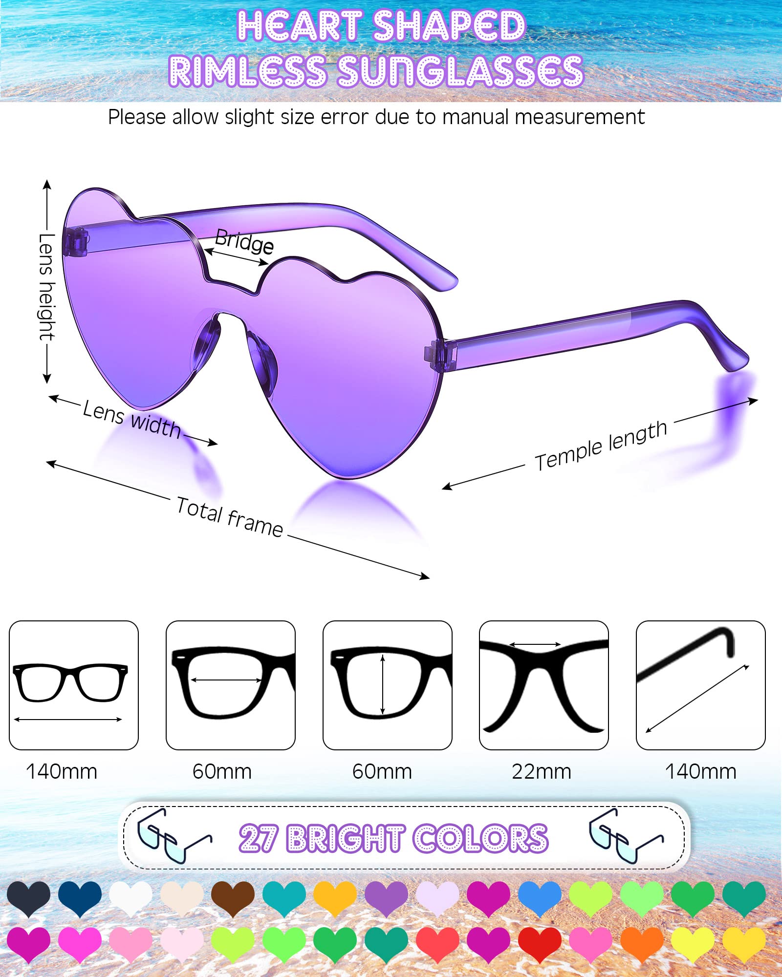 Konohan 54 Pairs Heart Sunglasses Bulk Valentine's Day Rimless Heart Shaped Colored Glasses Frameless Transparent Candy Multicolored Sunglasses for Women Party Eyewear