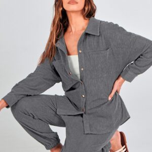 PRETTYGARDEN Women's 2 Piece Outfits Casual Corduroy Long Sleeve Button Down Jacket and Pants Tracksuit with Pockets (Grey,Large)