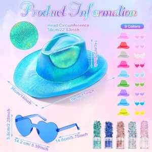 Coume 23 Pcs Cowboy Light up Hat Bulk Flashing Holographic Cowgirl Hats with Heart Sunglasses for Women Costume Accessories(Vivid Color, Novel Style)