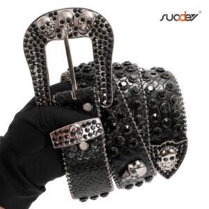 SUOSDEY Rhinestone Skull Belt Men Women Bling Stylish Belt Punk Fashion Studded Leather Belt for Jeans Pants Jacket