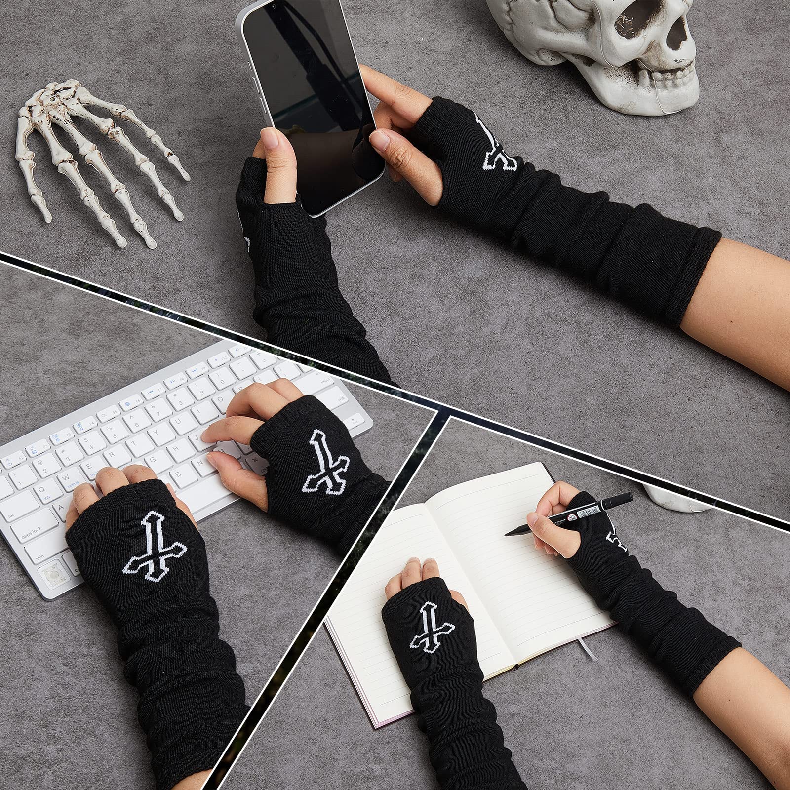 Women Goth Arm Sleeve Fingerless Goth Arm Warmers Cool Black Hip Hop Gloves Punk Chain Finger Rings Adjustable Gothic Rings Goth Accessories Y2k Aesthetic Jewelry One Size