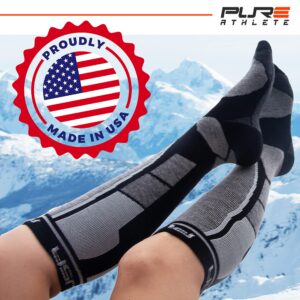 Pure Athlete Ski Socks Made in USA - Alpaca Wool Winter Weather Lightweight Socks for Skiing (L, Black)