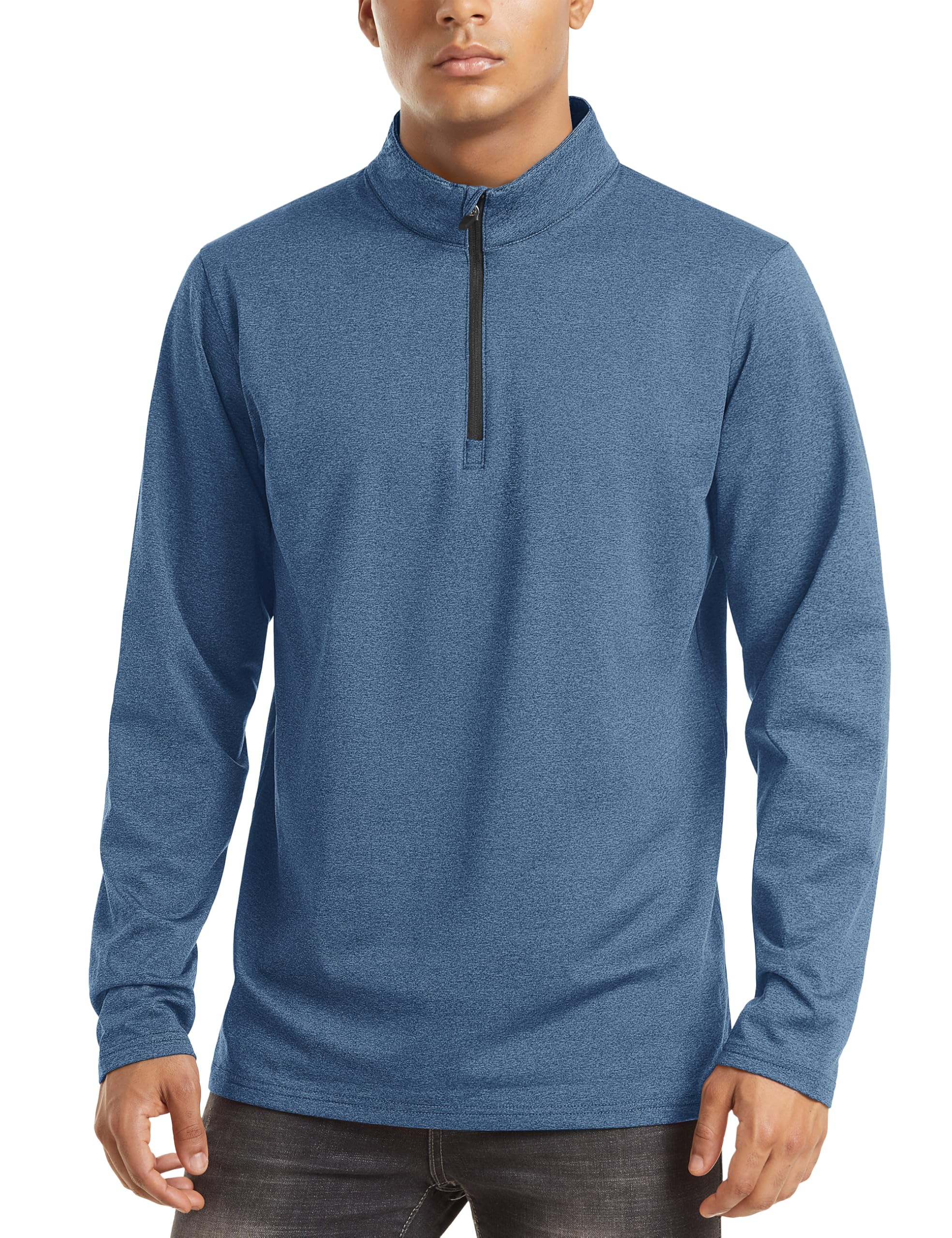 TACVASEN Men's Quarter Zip Pullover Fleece Long Sleeve Pullover Active Shirts Running Performance Shirts Gym Workout Shirts Tops Blue Grey, XL