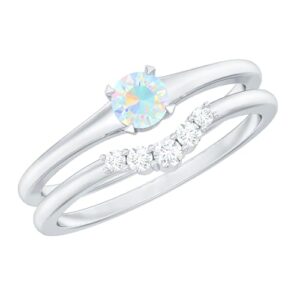 certified opal diamond wedding ring set, aaa quality, natural rainbow opal engagement ring with enhancer, 14k white gold, size:us 12.00