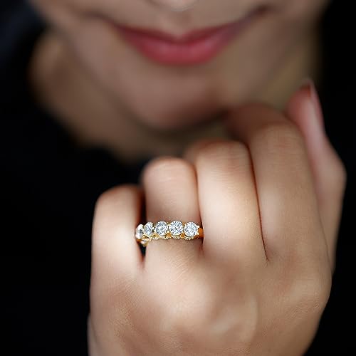 Rosec Jewels Certified Moissanite 7 Stone Half Eternity Band for Women, D Color VS1 Clarity, Moissanite Wedding Anniversary Ring, 14K Yellow Gold, Size:US 7.50