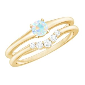 Certified Opal Diamond Wedding Ring Set, AAA Quality, Natural Rainbow Opal Engagement Ring with Enhancer, 14K Yellow Gold, Size:US 4.00