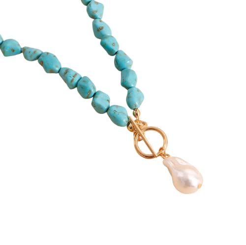 Darren' Irregular Natural Turquoise Necklace 16 Inch,Irregular Pearl Shape Pendant,Single Layered Necklaces for Women,Bohemian Necklace,Handmade Pendant