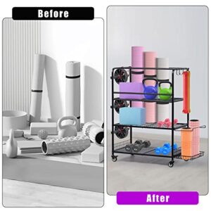 Home Gym Storage Rack, Yoga Mat Storage Racks, All in One Workout Equipment Storage Organizer for Yoga Ball Dumbbell Kettlebells Foam Roller Resistance Bands, Exercise Shelf with Hooks and Wheels