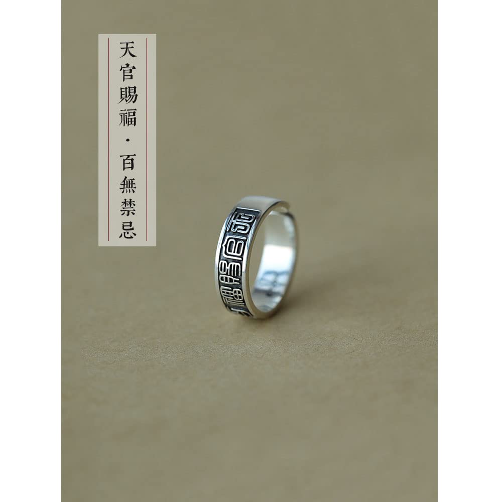 Cdeny Heaven Official's Blessing : Adjustable Open Rings Tian Guan Ci Fu Silver Plated Ring For Men Women Pendant