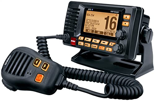 Uniden UM725GBTBK Marine VHF Radio, All USA, Canada, and Intl. Marine Channels, 1Watt/25Watt Transmit Power, Largest LCD Screen in Class, NOAA Weather Channels, Speaker Mic, Built-in GPS & Bluetooth.