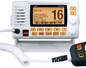 Uniden UM725G Marine VHF Radio, All USA, Canada, and Intl. Marine Channels, 1Watt/25Watt Transmit Power, Largest LCD Screen in Class, NOAA Weather Channels w/Alerts, Speaker Mic, GPS Built-in.