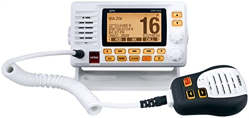 Uniden UM725G Marine VHF Radio, All USA, Canada, and Intl. Marine Channels, 1Watt/25Watt Transmit Power, Largest LCD Screen in Class, NOAA Weather Channels w/Alerts, Speaker Mic, GPS Built-in.