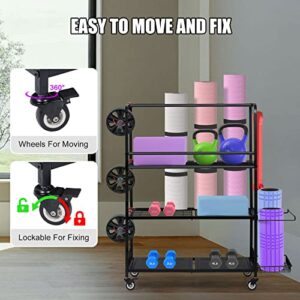 Home Gym Storage Rack, Yoga Mat Storage Racks, All in One Workout Equipment Storage Organizer for Yoga Ball Dumbbell Kettlebells Foam Roller Resistance Bands, Exercise Shelf with Hooks and Wheels