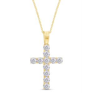 savearth diamonds 1 carat round cut lab created moissanite diamond cross pendant necklace in 14k yellow gold plated 925 sterling silver with 18" chain (vvs1 clarity, 1.00 cttw)