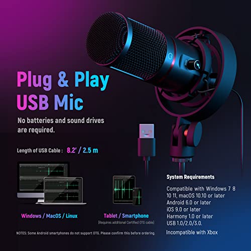 NEEWER USB Gaming Microphone, Plug&Play One Click Mute and Gain, Computer Condenser Microphone for PC MAC, Upgraded Boom Stand Shock Mount Cool Lighting for Streaming Twitch Online Chat (CM20)