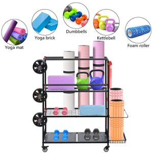 Home Gym Storage Rack, Yoga Mat Storage Racks, All in One Workout Equipment Storage Organizer for Yoga Ball Dumbbell Kettlebells Foam Roller Resistance Bands, Exercise Shelf with Hooks and Wheels