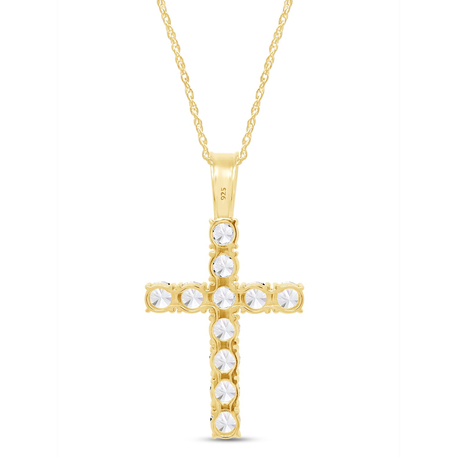 SAVEARTH DIAMONDS 1 Carat Round Cut Lab Created Moissanite Diamond Cross Pendant Necklace In 14k Yellow Gold Plated 925 Sterling Silver With 18" Chain (VVS1 Clarity, 1.00 Cttw)