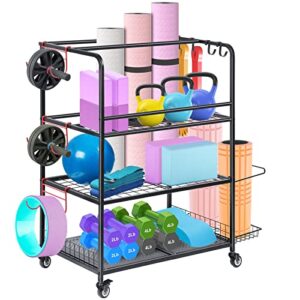 home gym storage rack, yoga mat storage racks, all in one workout equipment storage organizer for yoga ball dumbbell kettlebells foam roller resistance bands, exercise shelf with hooks and wheels