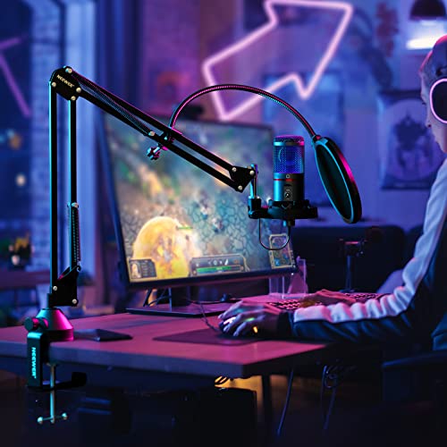 NEEWER USB Gaming Microphone, Plug&Play One Click Mute and Gain, Computer Condenser Microphone for PC MAC, Upgraded Boom Stand Shock Mount Cool Lighting for Streaming Twitch Online Chat (CM20)