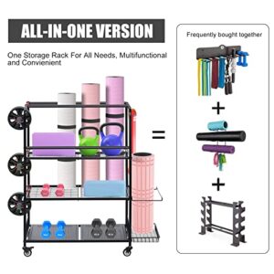 Home Gym Storage Rack, Yoga Mat Storage Racks, All in One Workout Equipment Storage Organizer for Yoga Ball Dumbbell Kettlebells Foam Roller Resistance Bands, Exercise Shelf with Hooks and Wheels