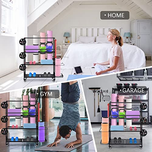 Home Gym Storage Rack, Yoga Mat Storage Racks, All in One Workout Equipment Storage Organizer for Yoga Ball Dumbbell Kettlebells Foam Roller Resistance Bands, Exercise Shelf with Hooks and Wheels