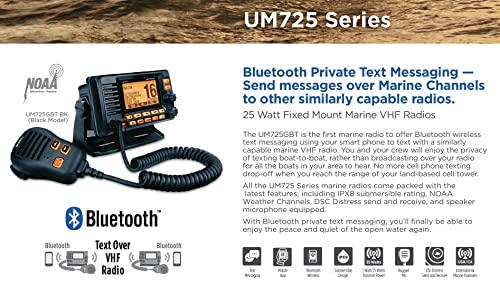 Uniden UM725GBT Marine VHF Radio, All USA, Canada, and Intl. Marine Channels, 1Watt/25Watt Transmit Power, Largest LCD Screen in Class, NOAA Weather Channels, Speaker Mic, GPS Built-in, and Bluetooth