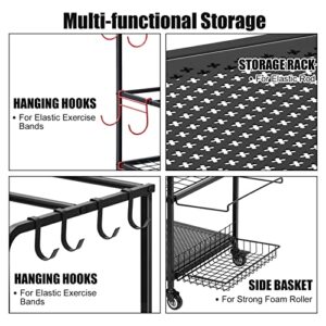 Home Gym Storage Rack, Yoga Mat Storage Racks, All in One Workout Equipment Storage Organizer for Yoga Ball Dumbbell Kettlebells Foam Roller Resistance Bands, Exercise Shelf with Hooks and Wheels