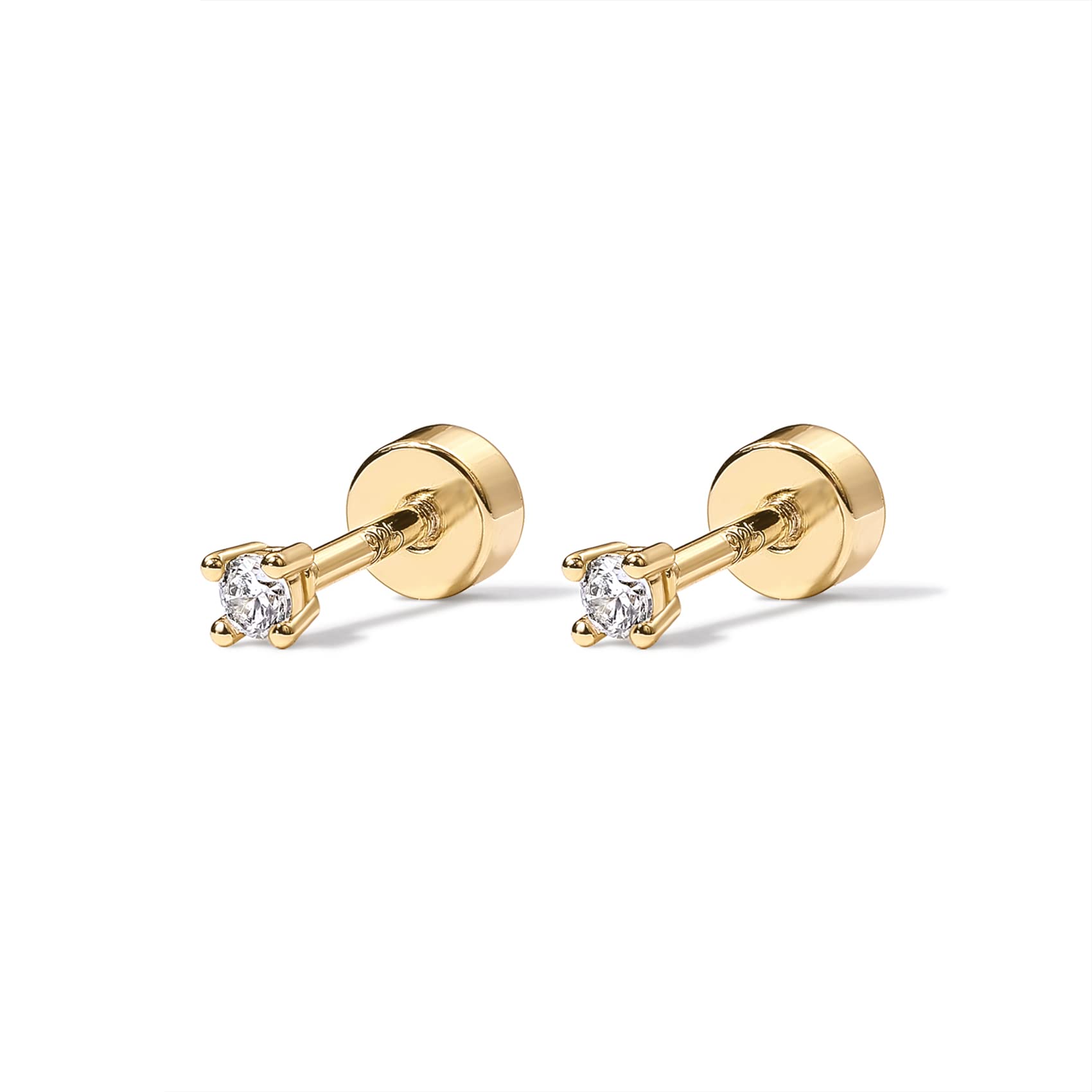 PAVOI 14K Gold Plated Solid 925 Sterling Silver Post Cubic Zirconia Stud Flat Back Earrings for Women | Cartilage Earring | Helix Piercing Jewelry | Small Stud Earrings for Women