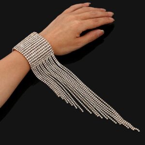 Chargances Silver Glitter Crystal Bangle Bracelet Thinestone Tassle Fringe Bracelet Bling Tennis Cuff Accessories for Women Party Wedding Prom