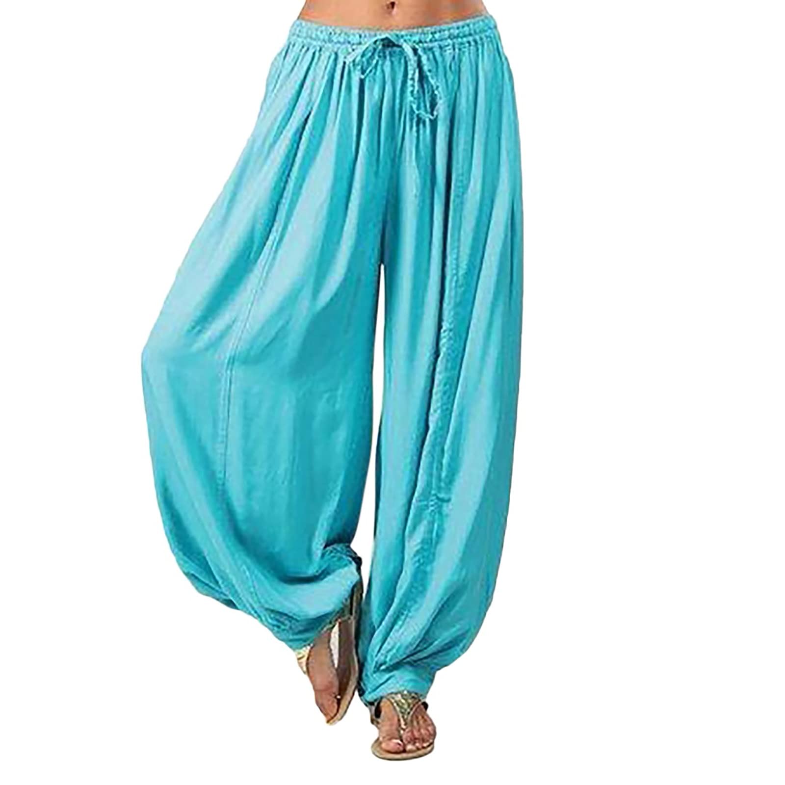 Women Cotton Linen Baggy Hippie Pants Boho Gypsy Aladdin Yoga Harem Lounge Pants Loose Leg Jogger Palazzo Sweatpants Blue