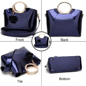 XingChen Glossy Faux Patent Leather Shoulder Handbag Women Evening Party Satchel Flower Pendant Top Handle Tote Purses Wine