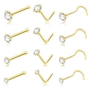 daili 20g gold nose rings studs: surgical steel l shaped nose studs hypoallergenic corkscrew nose rings tiny cz bone nose rings for women men (12pcs) (gold)