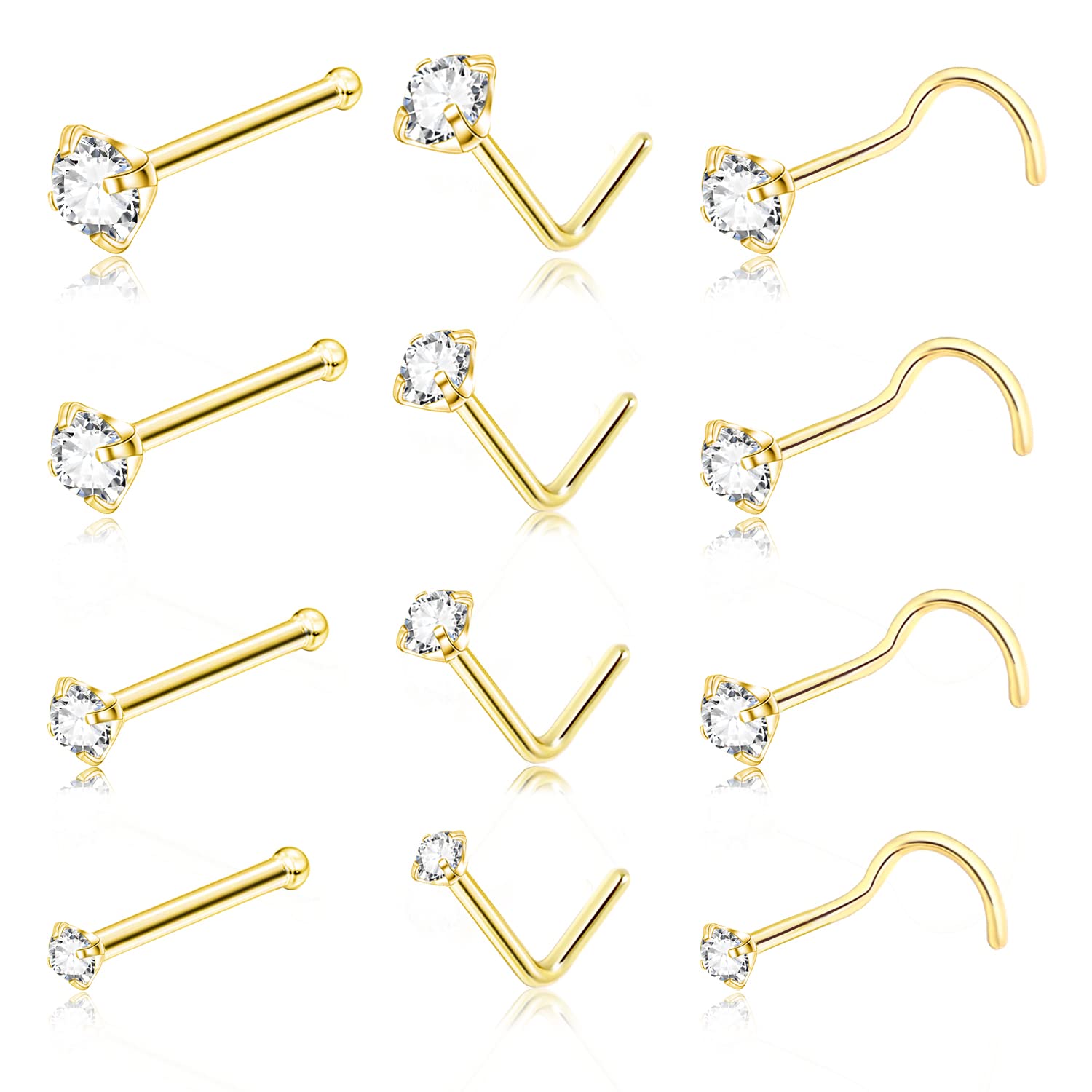 DAILI 20G Gold Nose Rings Studs: Surgical Steel L Shaped Nose Studs Hypoallergenic Corkscrew Nose Rings Tiny CZ Bone Nose Rings for Women Men (12Pcs) (Gold)