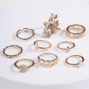 Octwine Dainty Star Leaf Knuckle Rings Gold Rings Set Bohemian Open Rings Set Jewelry Rings Accessory for Women and Girls(9 pcs)