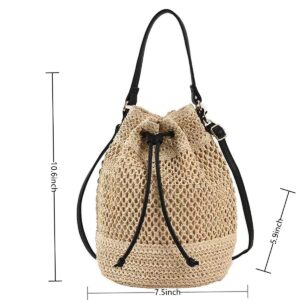 WIGUYUN Women Straw Drawstring Bucket Purse Small Tote Shoulder Handbag Hollow Out Cross-body Bag for Summer,Beach Beige