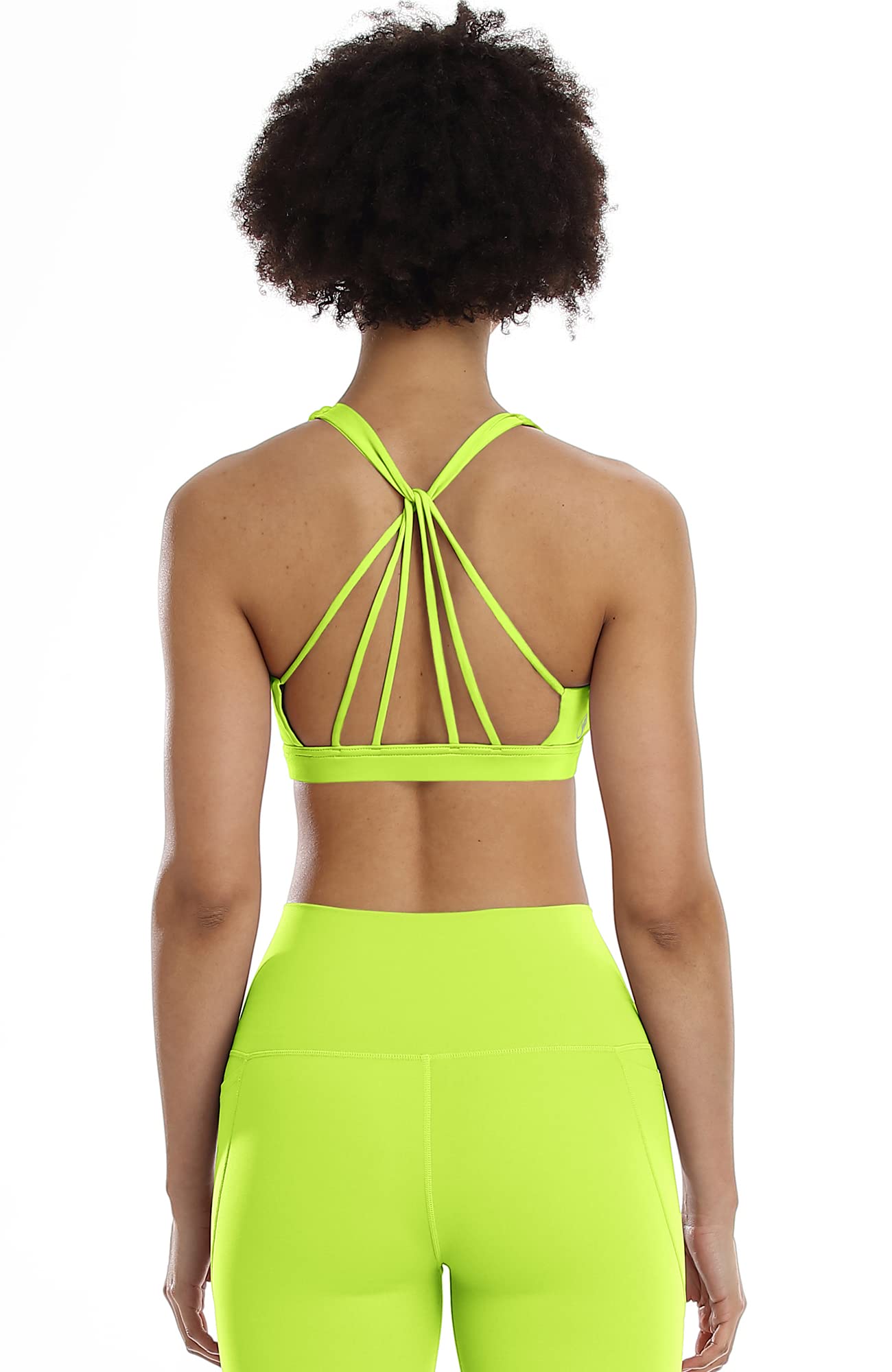 icyzone Padded Strappy Sports Bra Yoga Tops Activewear Workout Clothes for Women (M, Neon Yellow)