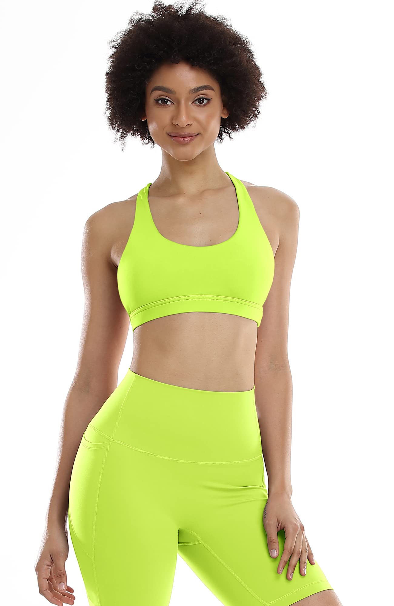 icyzone Padded Strappy Sports Bra Yoga Tops Activewear Workout Clothes for Women (M, Neon Yellow)