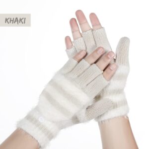 Achiou Winter Fingerless Gloves for Women, Warm Convertible Clamshell Mitten Gloves, Knitted Half Finger Flip Top Gloves Girl