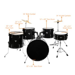 Ktaxon 5-Piece Adult Drum Set, 22 Inch Full-Size Drums Kit with Cymbal Stands, Hi-hat Stand, Sticks, Drum Pedal, Stool & Floor Tom for Beginner Teens Student (Black)