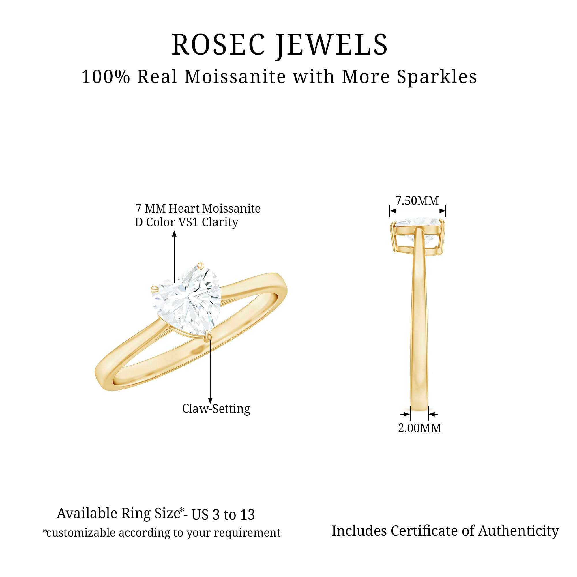 Rosec Jewels Certified Moissanite 7mm Heart Engagement Ring, D-Vs1 Quality, Moissanite Diamond Solitaire Ring - Ready To Gift, 14K Yellow Gold, Size:US 6.50