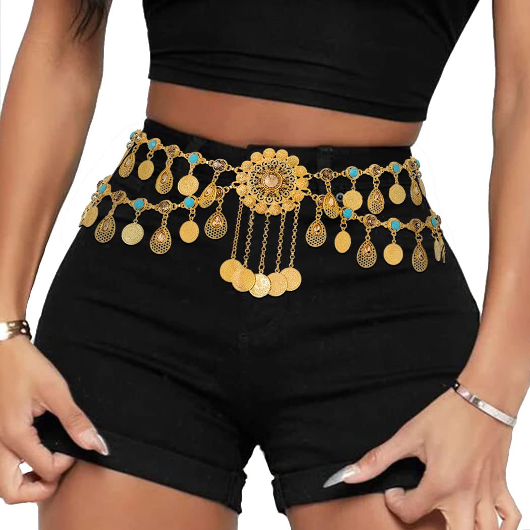 Navoky Crystal Boho Body Chain Gold Coin Pendant Waist Chains Belts Layered Tassel Beads Belly Chains Beach Waist Charm Jewelry Accessories for Women