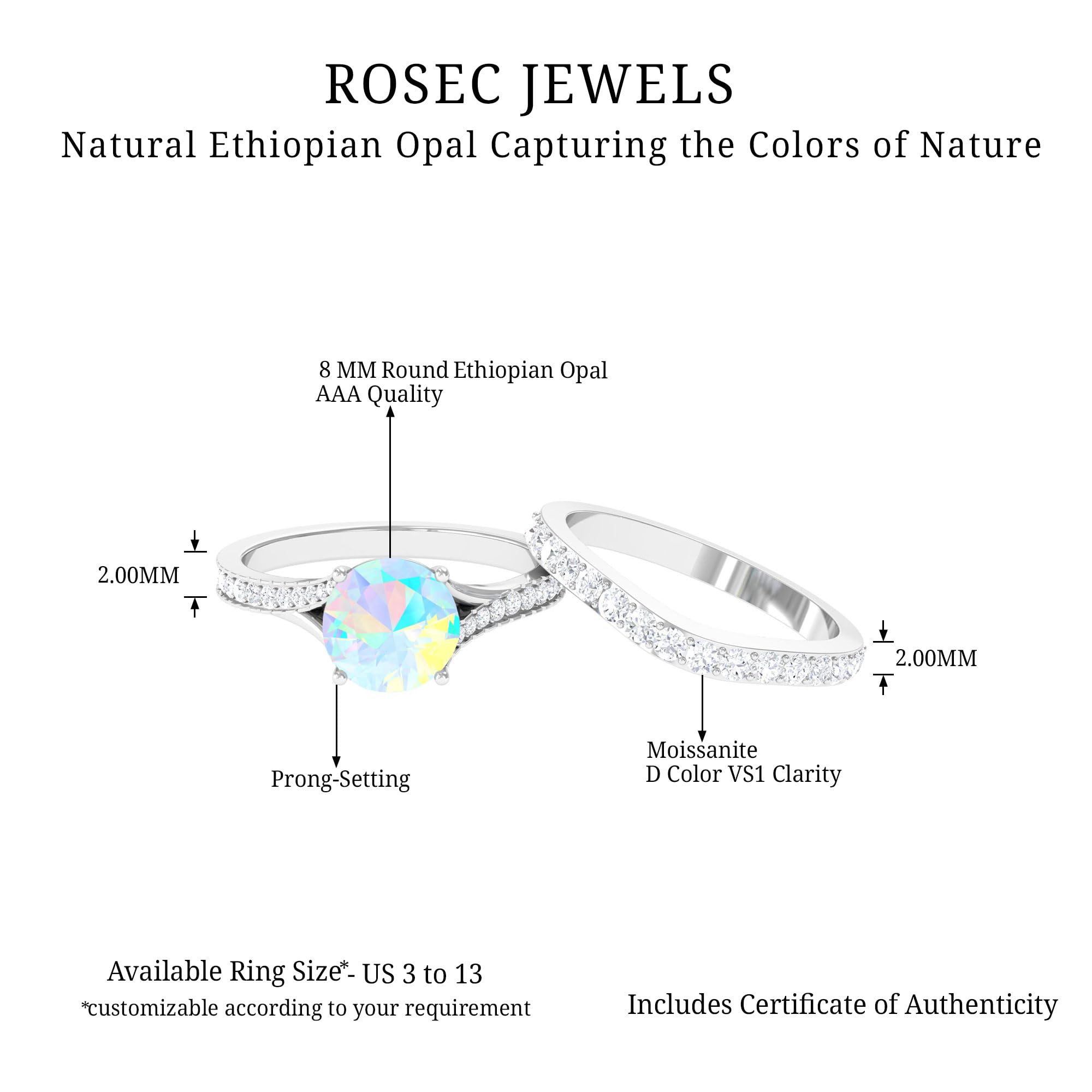 Certified Opal Moissanite Wedding Ring Set, AAA Quality, Natural 8mm Round Ethiopian Opal Bridal Ring Set - Ready to Gift, 14K White Gold, Size:US 9.00