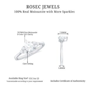 Rosec Jewels Certified Moissanite Solitaire Ring for Women with Trio | 1.25 CT | D-VS1 Quality, 14K White Gold, Size:US 6.50