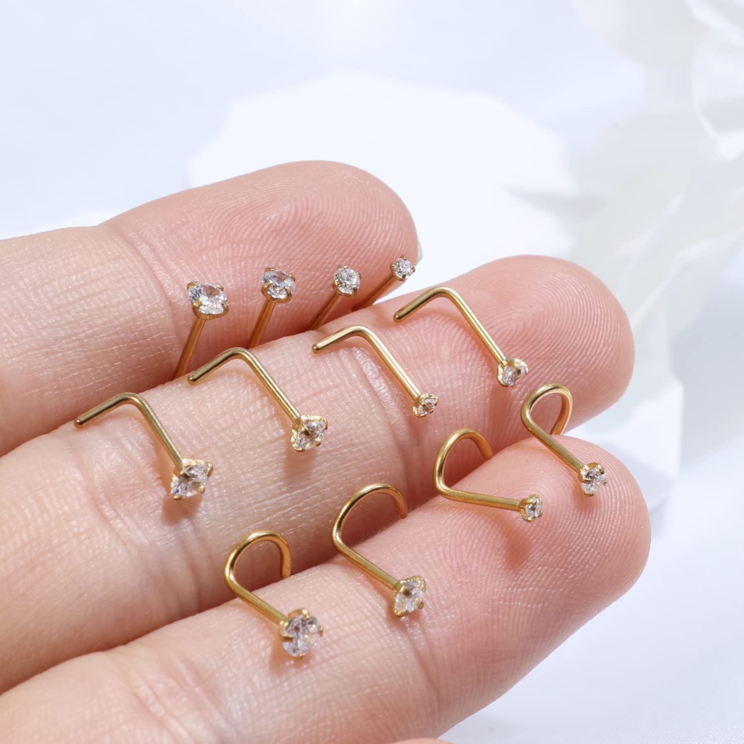 DAILI 20G Gold Nose Rings Studs: Surgical Steel L Shaped Nose Studs Hypoallergenic Corkscrew Nose Rings Tiny CZ Bone Nose Rings for Women Men (12Pcs) (Gold)