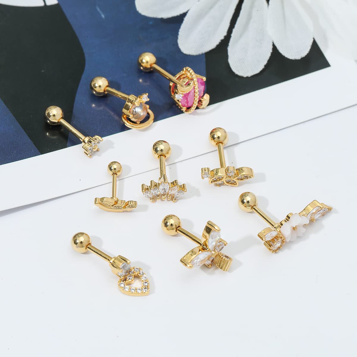 SCORAMAL 9 Pcs Tragus Helix Earrings Cartilage CZ Tragus Piercing Jewelry Butterfly Star Flower Stud Earring for Women Girls (Gold)